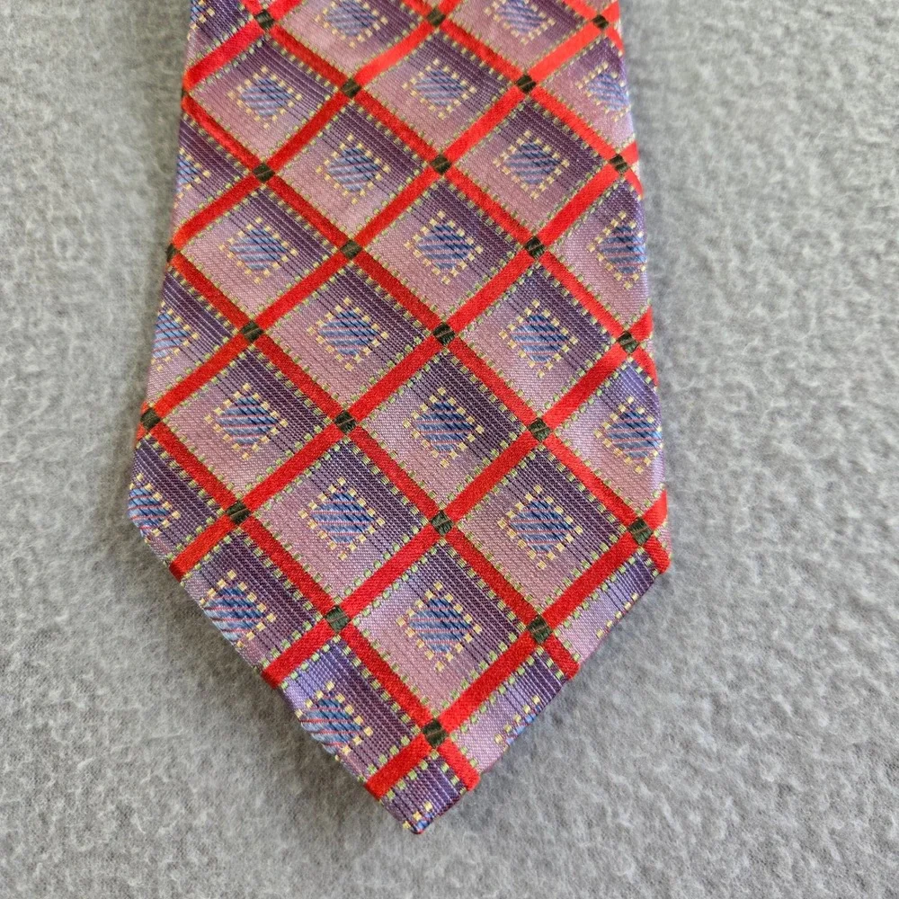 Dion Signature Necktie Mens OS Purple Red Geometric Diamond 100% Italian Silk